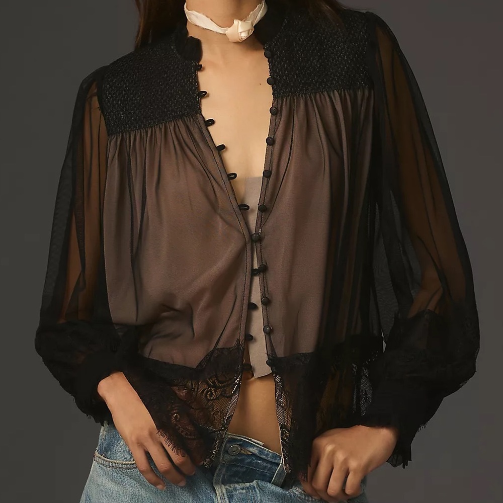 By Anthropologie Layered Tulle Puff-Sleeve Lace Blouse